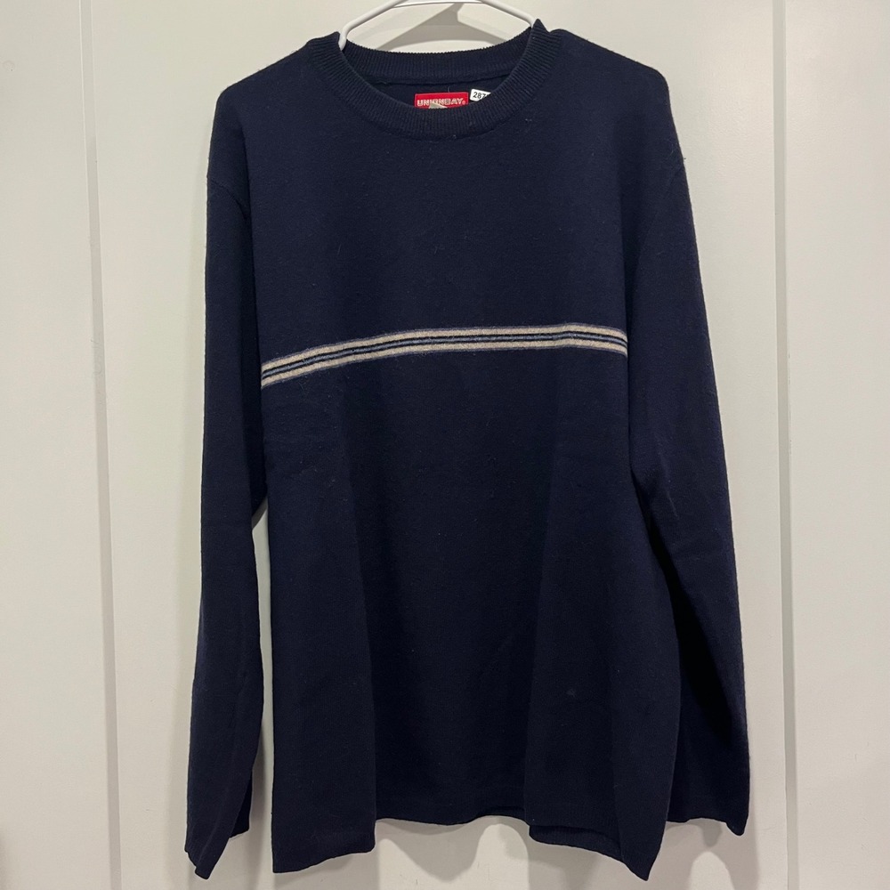 Unionbay Mens Vintage Navy Blue 100% Lambswool Striped Crewneck Sweater Large